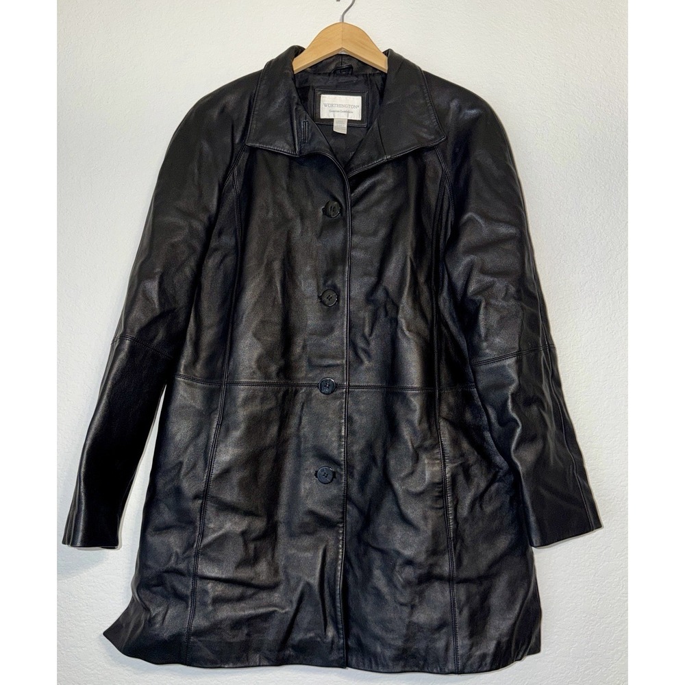 Worthington Genuine Lambskin Leather Car Coat Black Button Front Women's Large